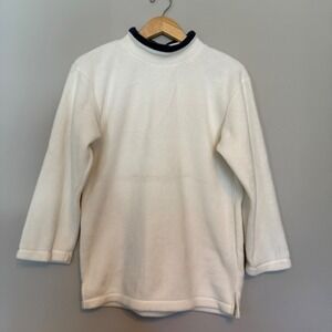 Top Stitch by Morning Sun Womens Small Fleece Mock Neck Pullover Cream Navy Trim